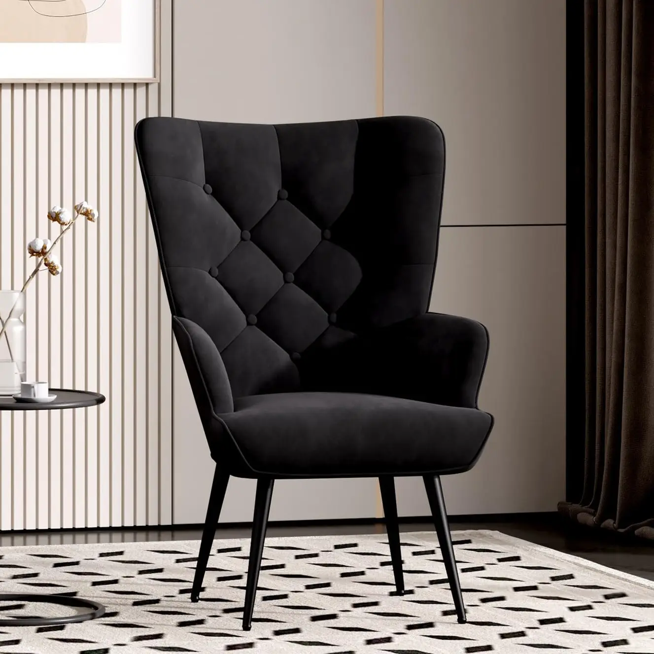 PU Leather Upholstered Accent Chair, Mid Century Modern Wingback Chairs, Living Room Reading Armchair, Tufted Button Side Chair for Living ， Bedroom