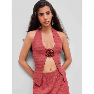 Cider [size 2-10] Halter Neckline Solid Rosette Texture Tank Top