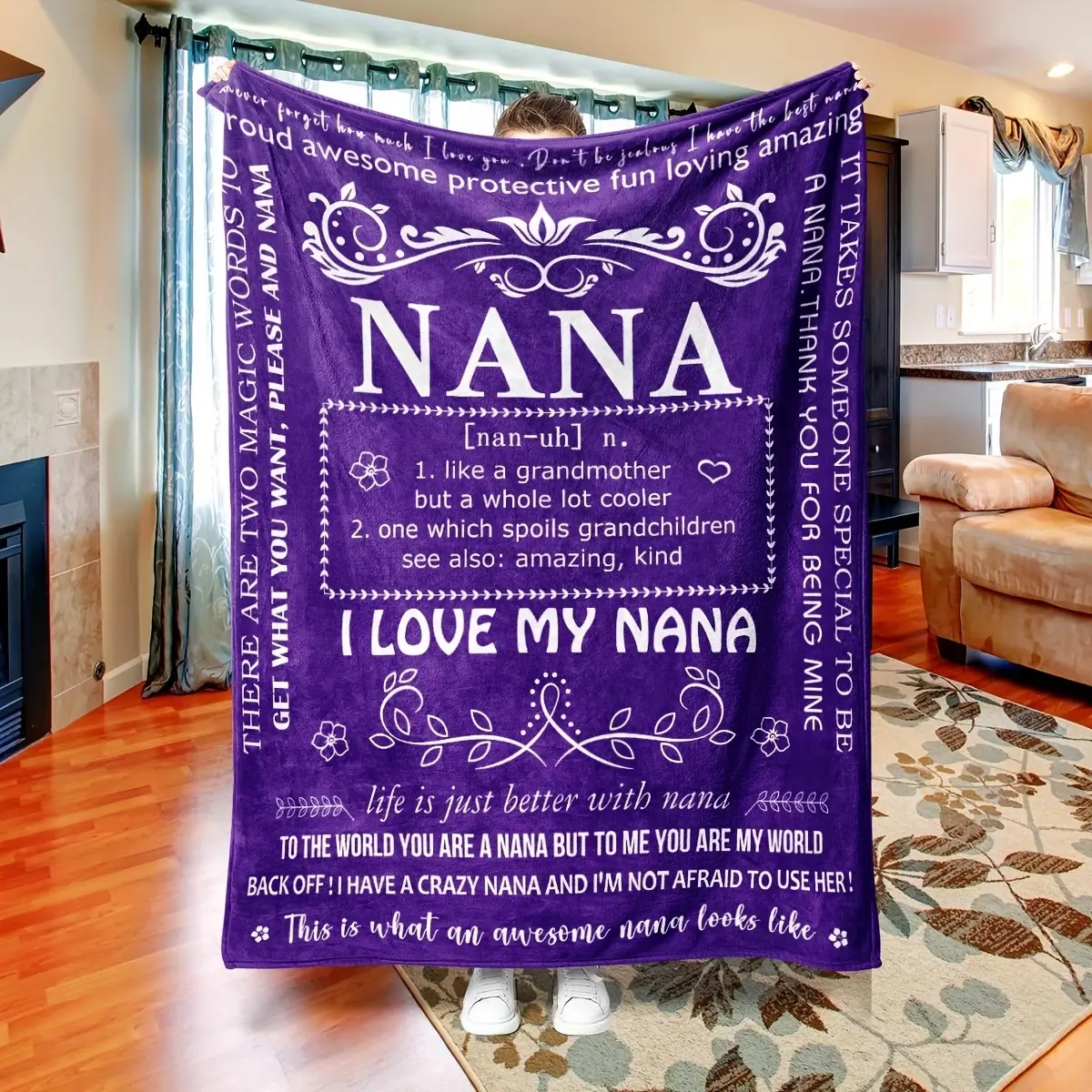 Nana Definition Floral Inspirational Quote All Over Print Soft Comfortable  Throw Blanket Warm Cozy Decorative Couch Bedroom Nap Home Blanket Grandmother Nana Appreciation Giftable Print  Warm Throw Blanket For Indoor Outdoor Travel