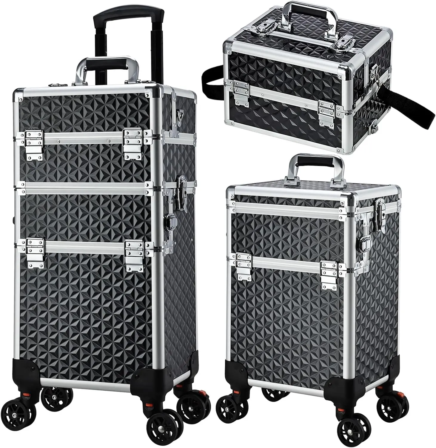 Professional Rolling Makeup Case 3 in 1 Cosmetology Case on Wheels Large Makeup Trolley Salon Barber Traveling Cosmetic Train Case Trunk Suitcase with Strap