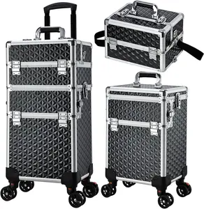 Professional Rolling Makeup Case 3 in 1 Cosmetology Case on Wheels Large Makeup Trolley Salon Barber Traveling Cosmetic Train Case Trunk Suitcase with Strap