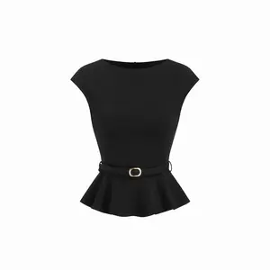 Cider Boat Neck Belted Ruffle Hem Metal Detail Peplum Top