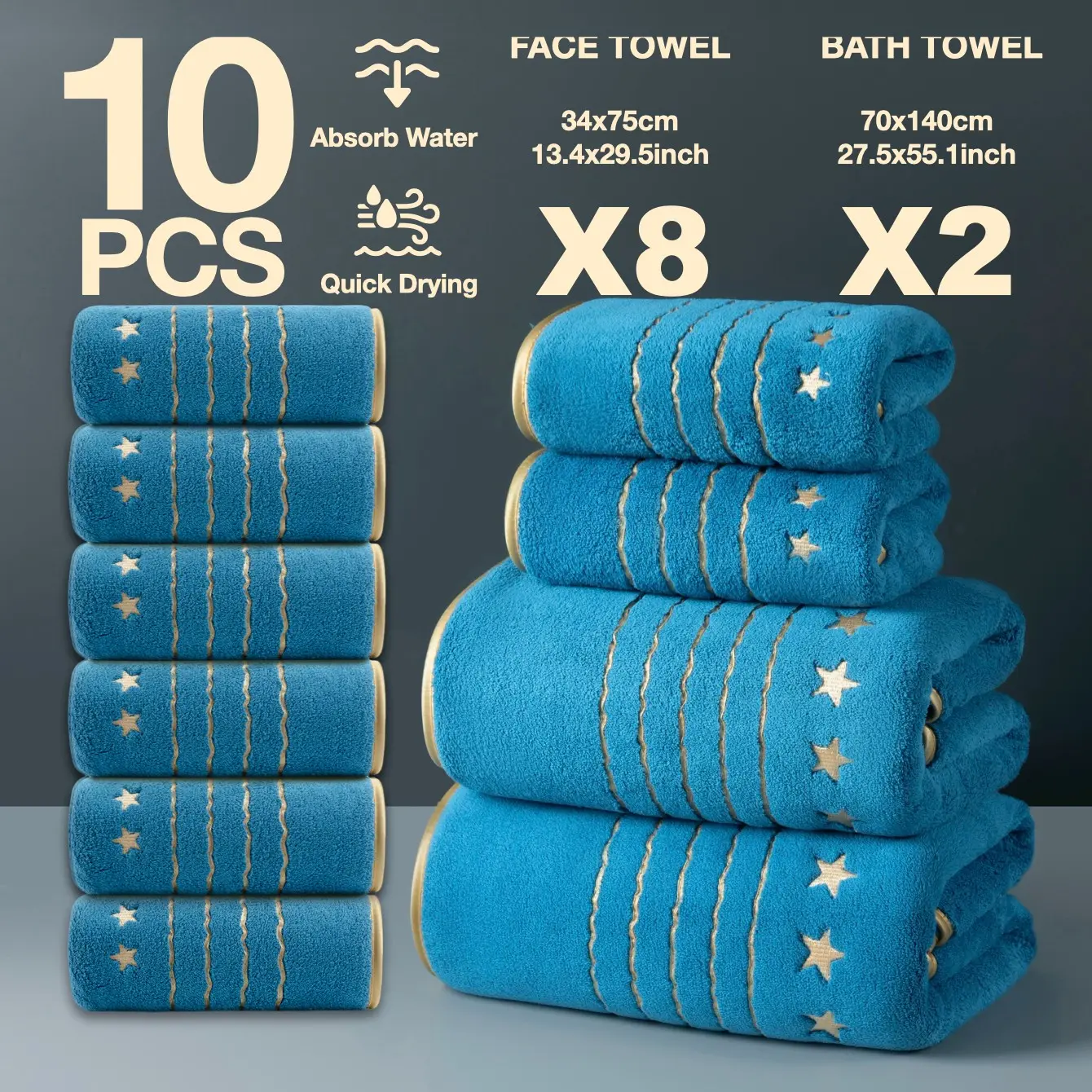 10-Piece Gold Thread Embroidered Bath Towels Set, Quick-Dry Super Absorbent Microfiber, Soft Absorbent Towel, Modern Simple Bathroom Accessories, Modern Design