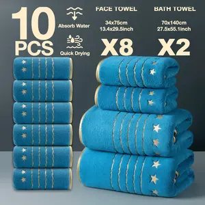 10-Piece Gold Thread Embroidered Bath Towels Set, Quick-Dry Super Absorbent Microfiber, Modern Simple Bathroom Accessories, Modern Design