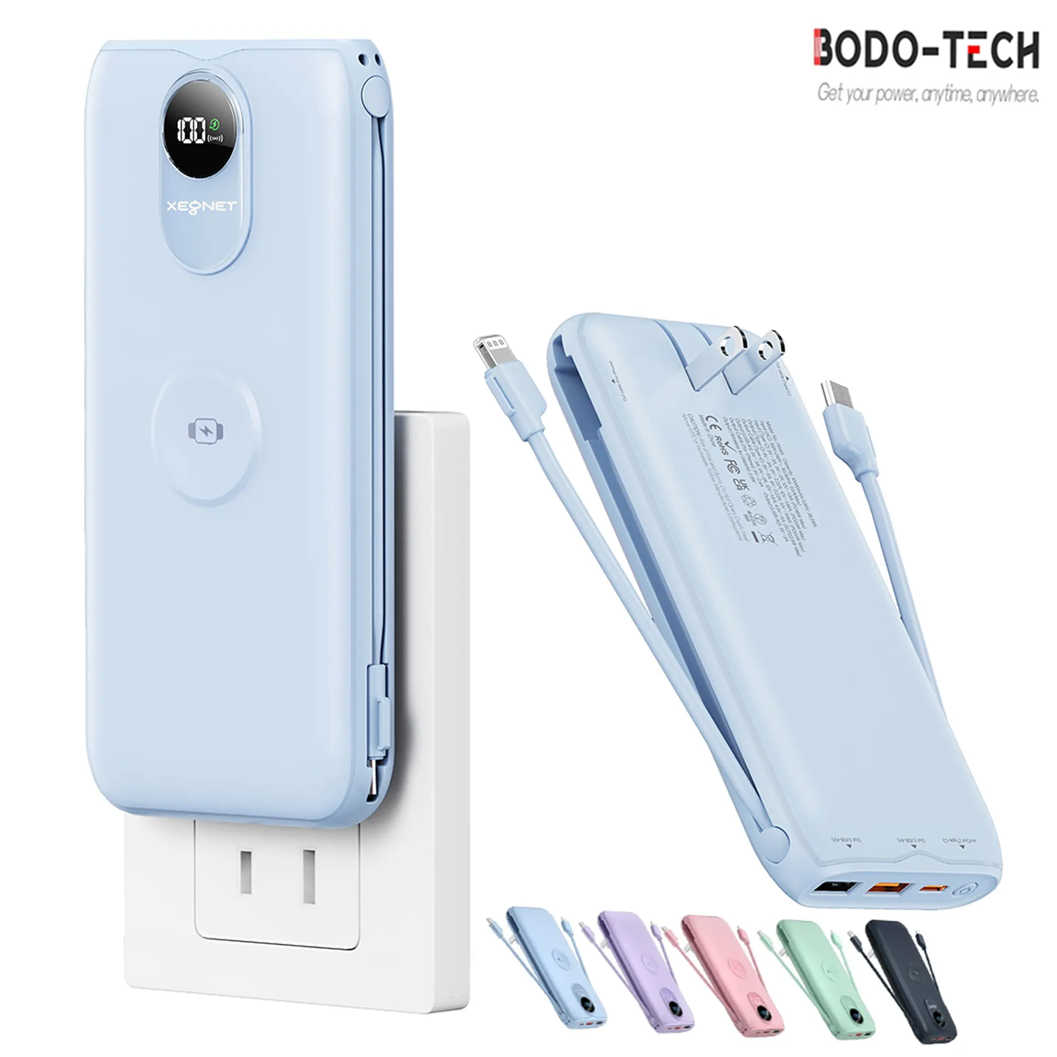 Bodo-Tech 10000mAh All-in-1 Power Bank, Built-in Lightning & USB-C Cables, AC Wall Plug, Wireless Watch Charger, 22.5W Fast Charging Everyday Carry Battery Pack