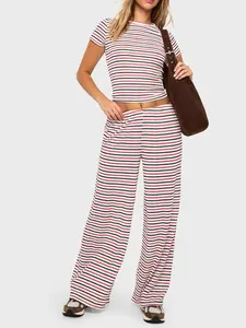 Women's Striped Knitted Cropped Short Sleeve Fitted Top & Wide Leg Pants Set, Casual Daily Wear, Comfortable Fashion Clothing Outfit Womenswear