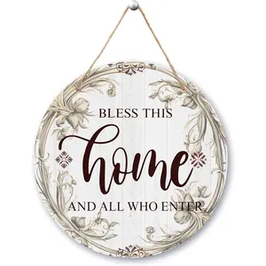 Welcome Door Sign, Bless This Home Front Door Decor, Christian Farmhouse Welcome Sign For Front Door Porch, Greenery Round Home Door Hanger Sign With Rope, Housewarming Gifts -21