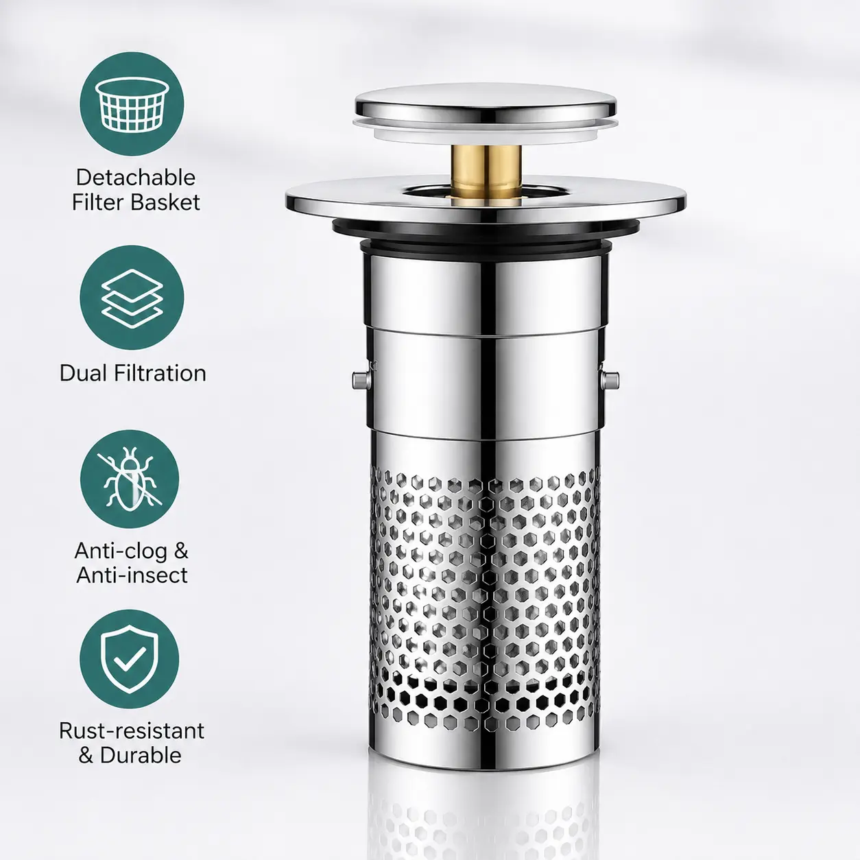 1 Count, 304 Stainless Steel Pop Up Sink Drain Strainer, Detachable Double Filter, for Household Bathroom Wash Basin Use