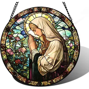 Round Stained Glass Style Window Hanging Panel with Praying Woman Design Colorful Sun catching Glass Decor for Home Gifts and Spiritual Window Display 7.8inch