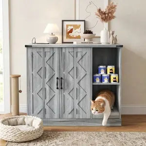 [Bellemave]Cat Litter Box Cabinet with Power Outlet, Modern Litter Box Furniture for Large Automatic Litter Boxes, Hidden Litter Box Enclosure with Litter Catcher, Adjustable Storage Shelves, Gray