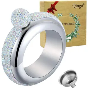 Creative 3.5 oz 304 Stainless Steel Bracelet Bangle Hip Flask Funnel Set For Women Sliver With Rhinestones Lid