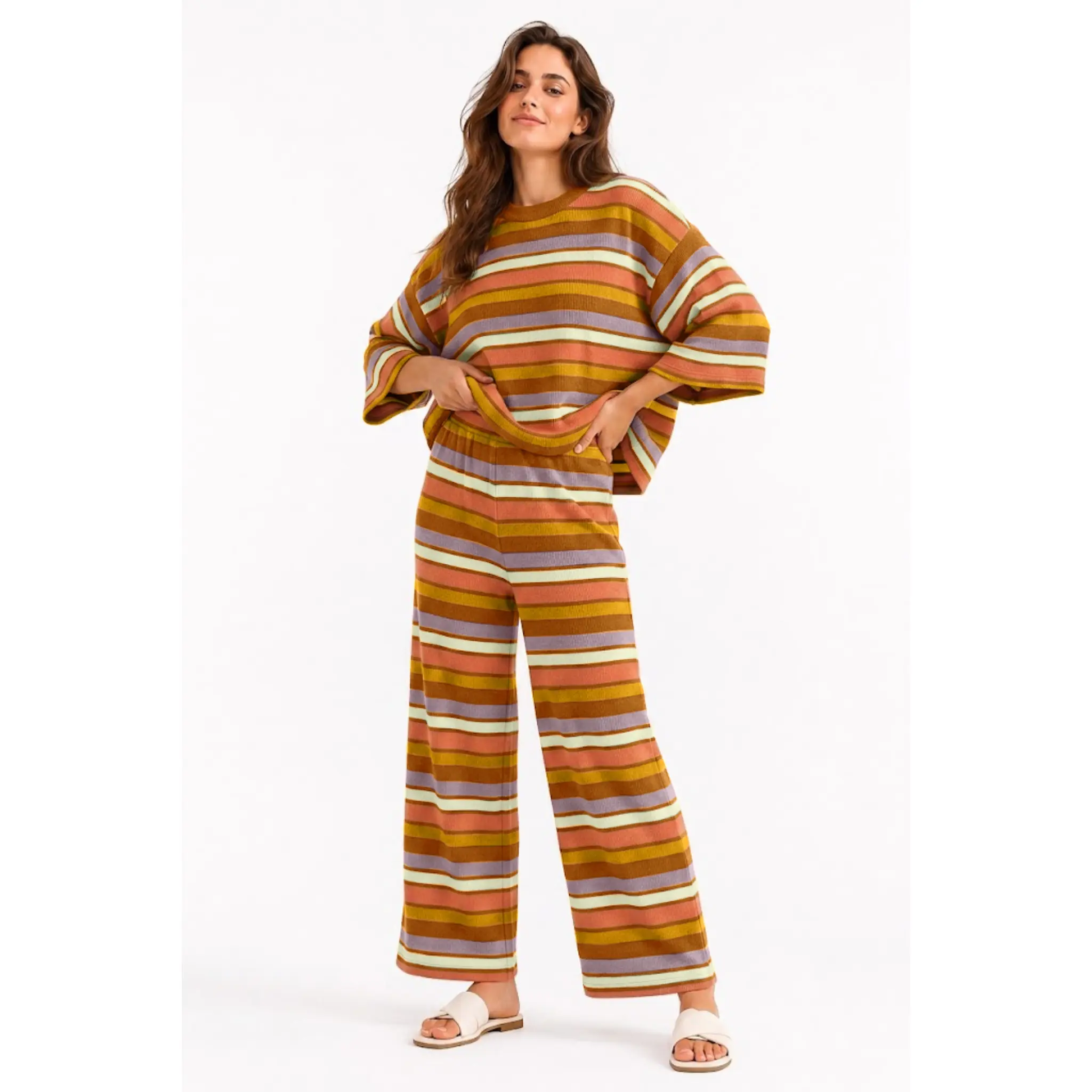 utcoco Women's Rainbow Striped 2-Piece Knit Outfit, Long Sleeve Loose Top and Wide Leg Pants Matching Suit, Soft Elastic Cozy Knit Tracksuit, Everyday Loose Fit Outfit with Relaxed Trousers, Women Rainbow Striped Two Piece Sweater Sets