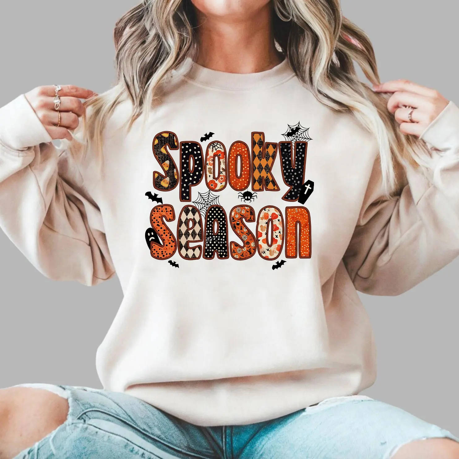 [Collection For Halloween] Spooky Season Sweatshirt, Halloween Bats Spiderweb Pumpkin And Coffin Graphic Tee, Orange Black Preppy Shirt, Fall Festival Outfit For Men and Women