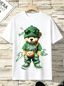 Women'S Casual Bear Graphic T-Shirt, 100% Cotton Knit Fabric, Crew Neck Short Sleeve Top, Regular Length, Alphabet Pattern, All Season Wear