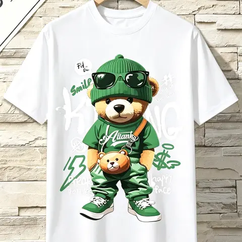 Women'S Casual Bear Graphic T-Shirt, 100% Cotton Knit Fabric, Crew Neck Short Sleeve Top, Regular Length, Alphabet Pattern, All Season Wear