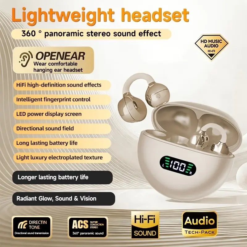 Clip-On Sports Headphones, Clip On Earphones, Open Ear Headphone, Comfortable, Music Deep Bass Hanging Earbuds with TWS HIFI, ACC Stereo HD Calling, for Android & iPhone, Gaming Couples Headphones, Halloween Gift, USB-C Charging, Wireless Headset Audio