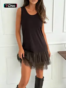 1 Piece Stylish Sheer Lace Tiered Hem Stretch Tank Mini Dress | Euro-American Y2K Cute-Edge Vibe | Tiered Lace + Stretch Fabric