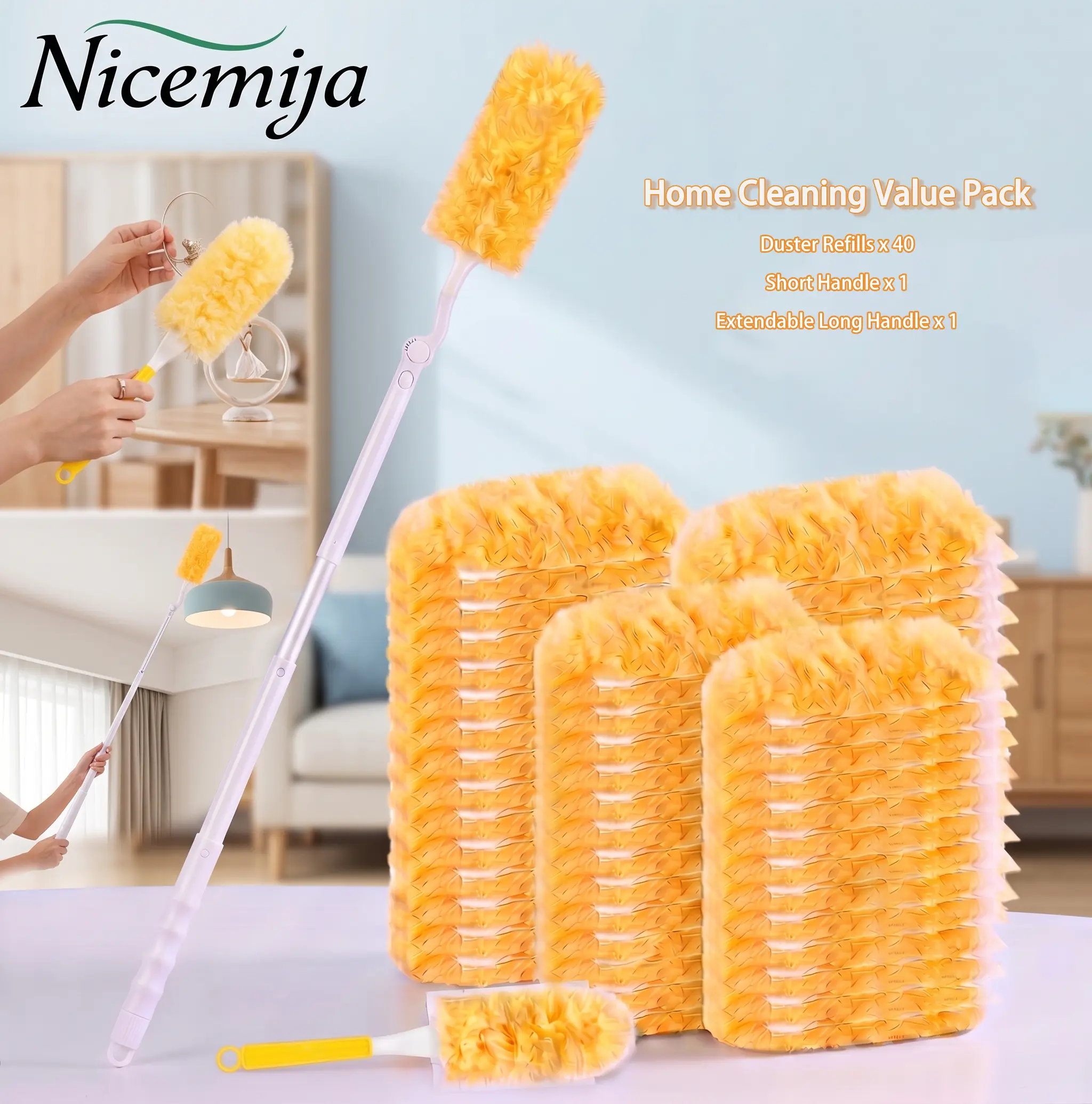 Nicemiya Disposable Duster Refill 40 Counts for Swiffer Heavy Duty 2 Side 360° Cleaning 5X Microfibers Include 1 Short 1 Extendable Handle Household Home Cleaning