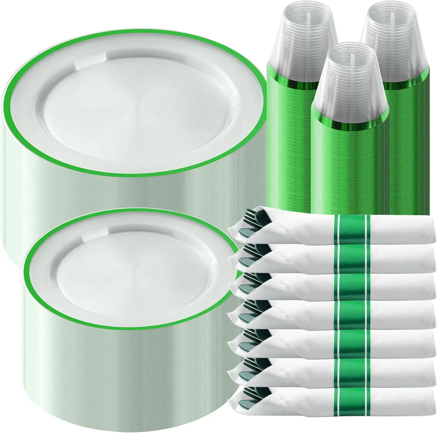 Goodluck 350 Pcs Clear Green Disposable Plastic Dinnerware Sets for 50 | Include 50 Dinner Plates, 50 Dessert Plates, 50 Pre Rolled Napkins with Cutlery Set, 50 Cups for Christmas, St. Patrick's Day