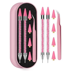 Dual-ended Rhinestone Picker Wax Pencil for Nail Bedazzling with 4 Extra Pink Replaceable Wax Heads and 1 Tweezer (Pink B)