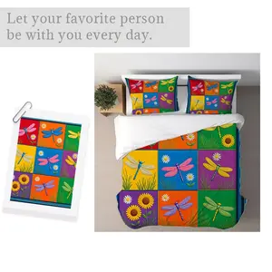 Dragonfly Floral Bedding Set, Mixed Color 3x3 Grid Pattern, Multiple Specifications Available, Soft Fabric Duvet Cover Set for Adults, Ideal for Bedroom Decoration, Stylish Square Artwork Design with Colorful Cells