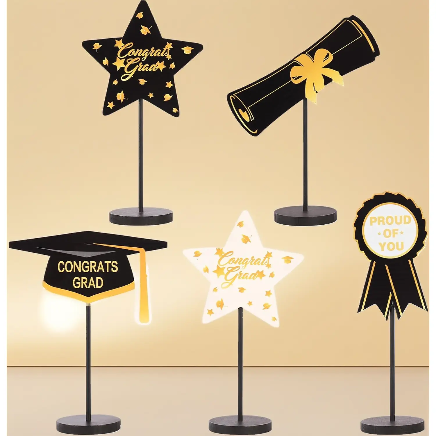 5Pcs Black-Gold-White Wooden Table Centerpiece Accessories, DIY Graduation Class Prop Set for 2026 Party - Includes Grad Cap, Diploma, Star, Medal, Congrats Sign