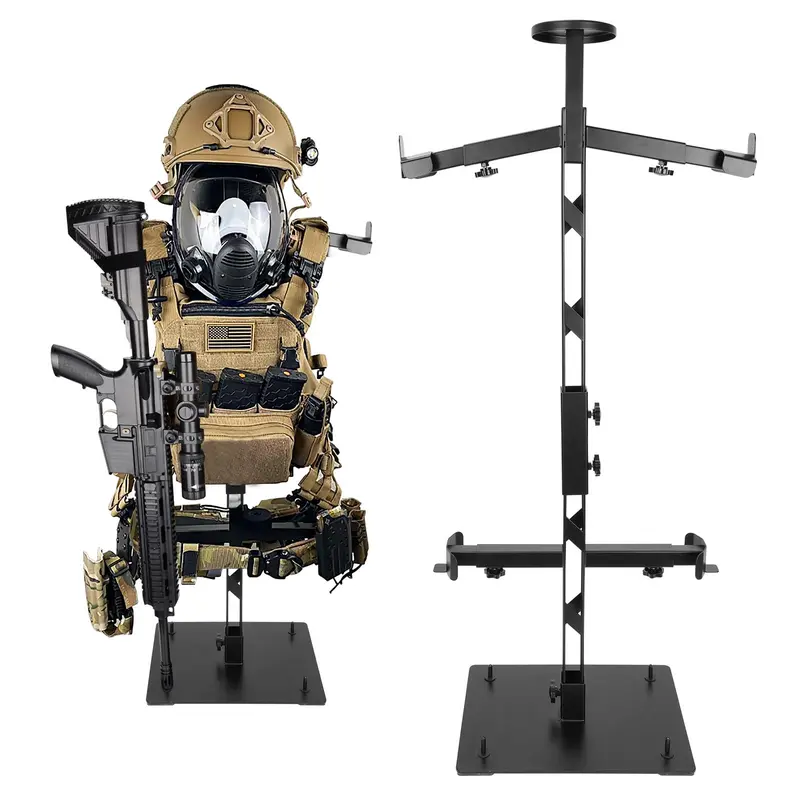 Durable All-Steel Tactical Gear Organizer Rack, Adjustable Size 14.2-19.7", Corrosion Resistant, Stable Velcro Straps, Hollow Central Rod, Scratch-Resistant Silicone Gun Posts, Silicone Base, Holds 70lbs, Fits Helmet+Vest+Belt