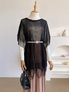 Elegant Women's Plain Shawl with Pearl Belt, Hollow Out Fringe Design, Casual Fashion Scarf for All Seasons, Daily Wear Accessory, Boho Style Scarf, Fringe Trim Shawl