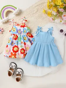 2-piece Soft, Comfortable And Cute Little Girl Bow Decoration Suspender Princess Dress Set