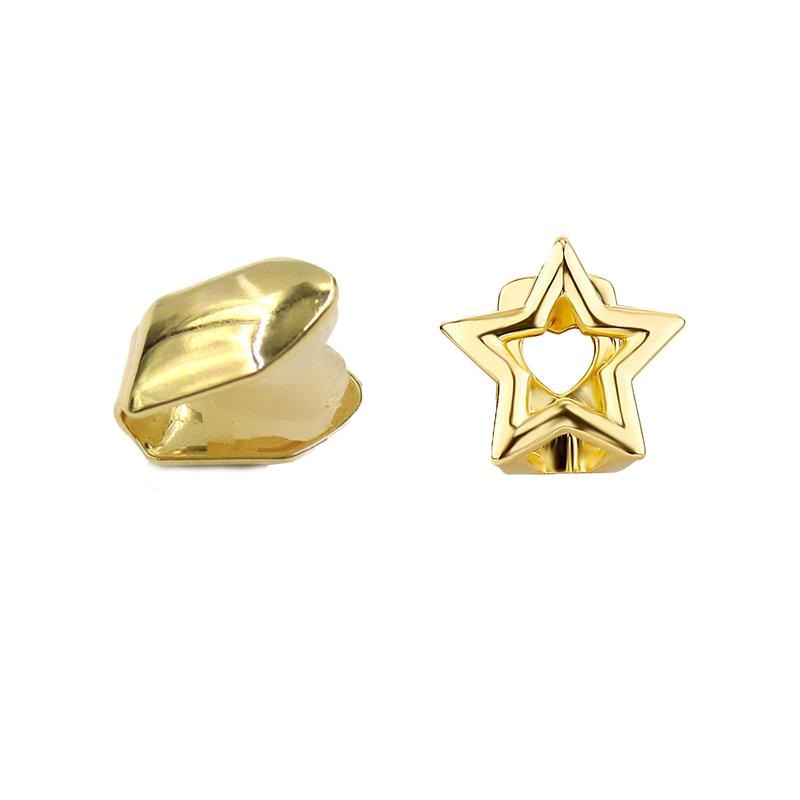 2 Pieces 18K Gold Plated Gold Finish Teeth Grillz Single Teeth Cap Crown, Hip Hop Mouth Grills Fang with Adhesive Beads Party Accessories,Versatile Halloween Personalized Teeth Ornaments for Men and Women