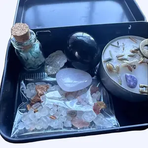 TRAVEL ALTAR in hinged metal tin Box Kits Witch Spell Kit Baby Witch Gift Amethyst Agate Heart Rose Quartz Crystal Specimen Selenite Natural Stone Decor Quartz Geodes