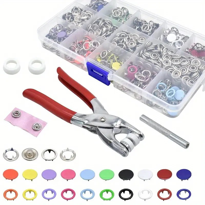 800-Piece 6.5 mm Inside Diameter Colorful Copper Snap Fasteners Tool Kit, Solid/Hollow Buttons with Setting Tools, 2 Spare Rubber, Manual Punching Set with Cotton, Prong Rings for DIY Crafts, Clothing Repair - Easy Storage Home Improvement Supplies