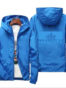 Men’s Manchester City Jacket, Hooded Raincoat, Football Club Back Graphic, Slim-Fitting, Casual Street Fashion, All Seasons