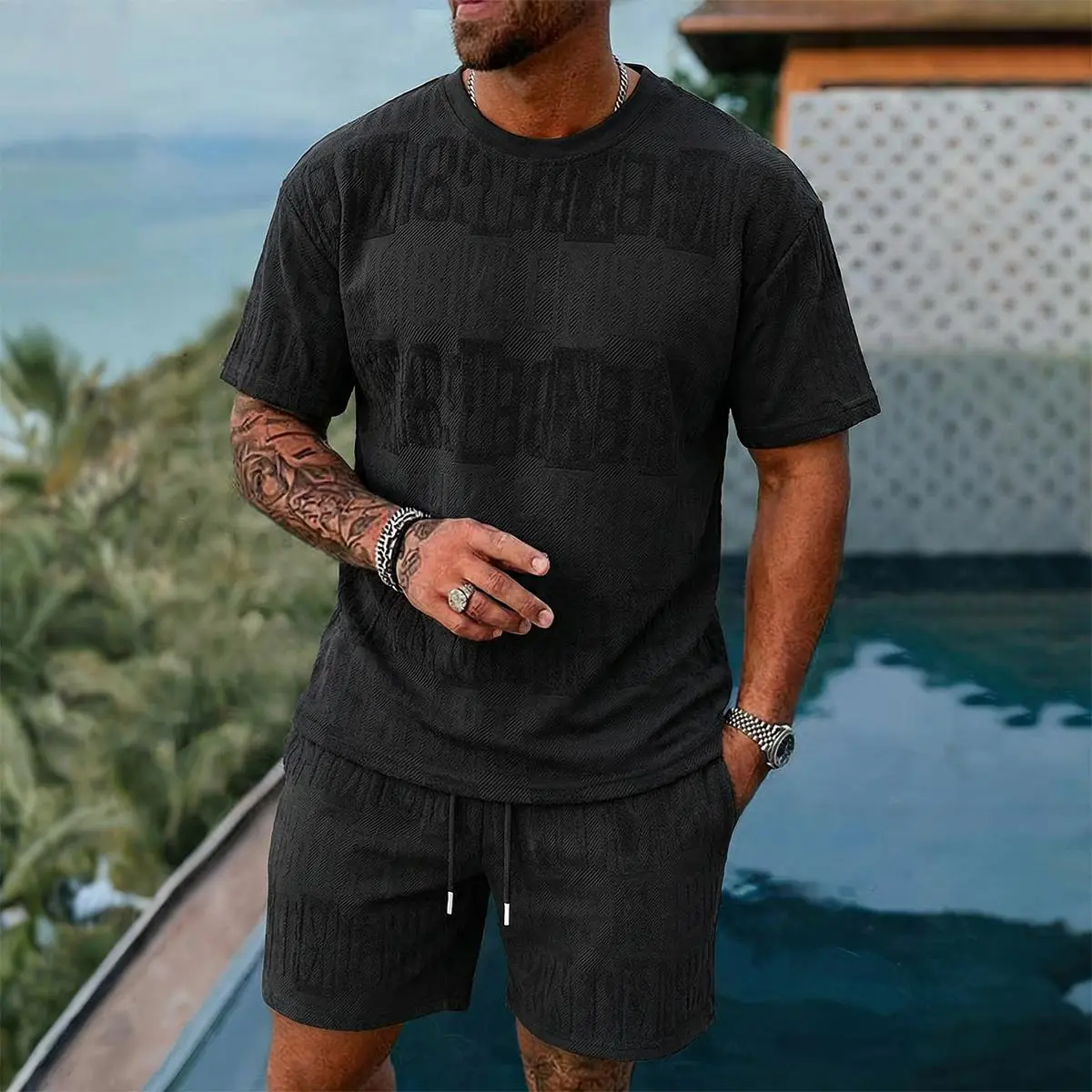 Men's 2-Piece Olive Green Fashion Basics Co-ord Set - Medium-Length Textured Polyester Short-Sleeve T-Shirt, Elastic Waist Shorts, Breathable Summer Normal Type Menswear, Loose-Fitting, Machine Washable