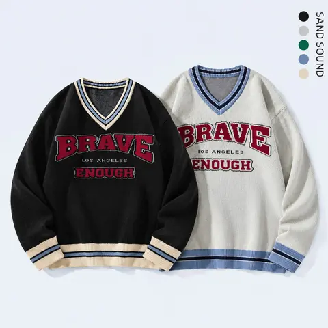 SAND SOUND Men's 2-Piece Retro Striped Preppy Mock V-Collar Knitwear Set - Loose Casual Full-Sleeve Knit Men's Pullover, Letter-Print Seasonal Base Top, Button-Adorned Multi-Size Sweaters,sohochic