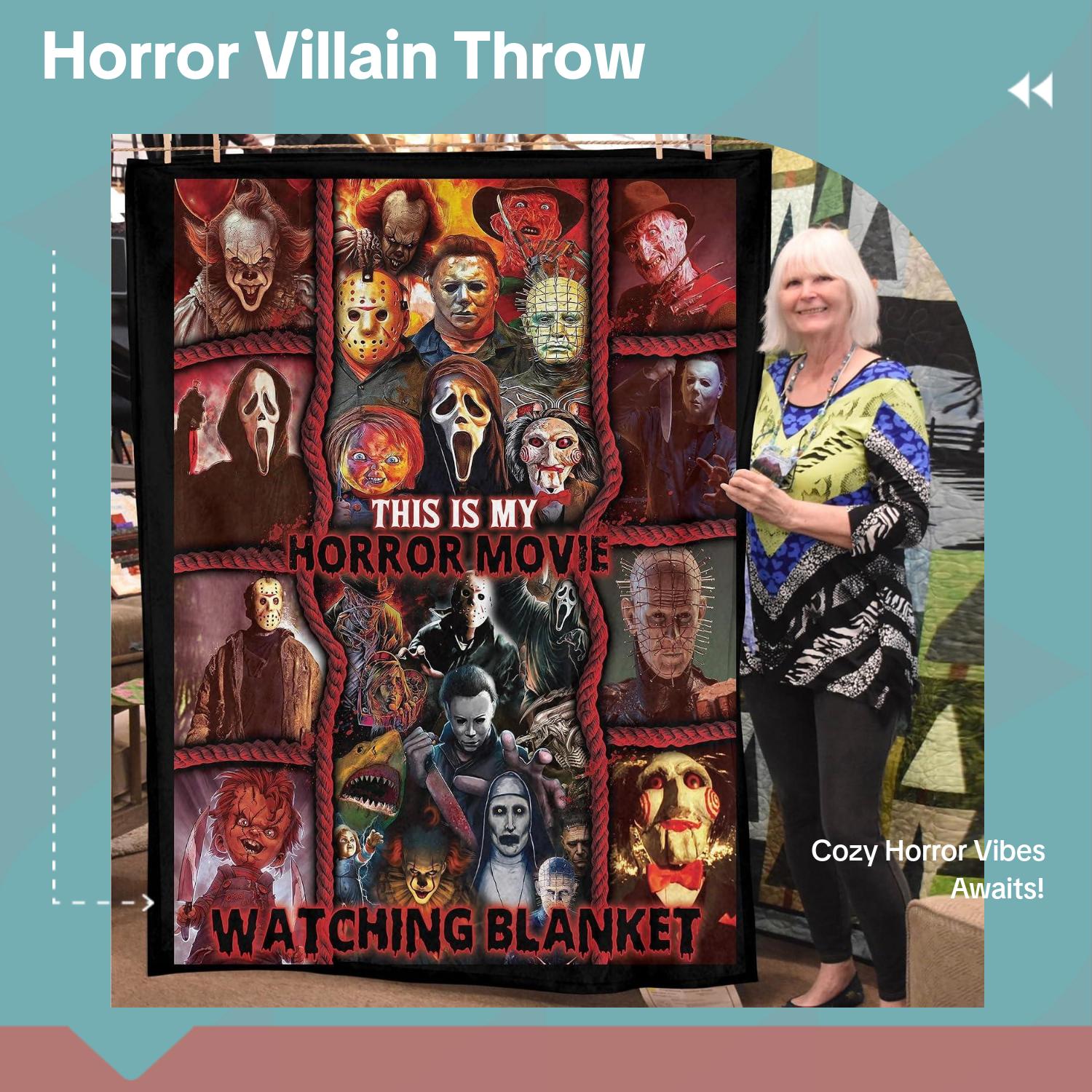 Classic horror movie villains collage flannel throw blanket with Pennywise,  "This Is My Horror Movie Watching Blanket", soft warm plush blanket for movie night, Halloween home decor and gift for horror film fans