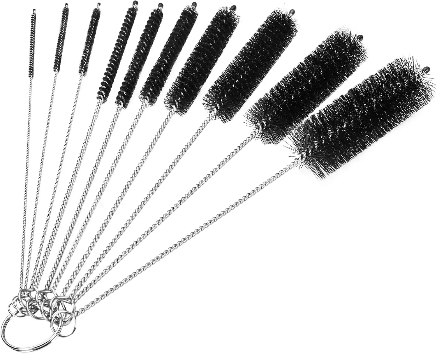 Home 10-Piece Bottle Cleaning Kit - Bottle Cleaning Brush with 10 Tube Cleaning Brushes (8-in Nylon Tube), Flexible Bristles, Stainless Steel Core, Keychain, Hanging Hook for Narrow Neck Containers, Hard-to-Reach Areas, Convenient Keychain