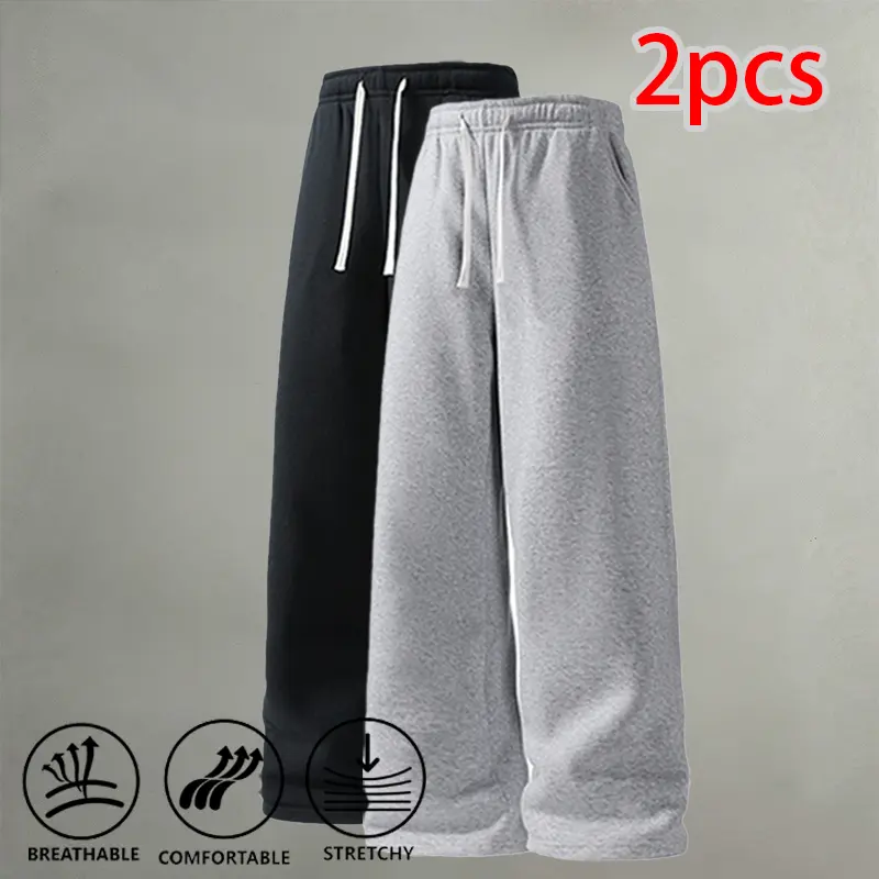 2 Pieces Men’s Wide-Leg Sweatpants with Elastic Drawstring, Casual Sport Pants for Street and Everyday Wear