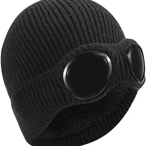 Unisex Thermal Insulating Knit Beanie Hat - Adjustable Stretchy Fleece Lined, Bold Skull Motif Goggles, Plain Knit Design, One Size Accessories for Hiking Winter Outdoor Sports