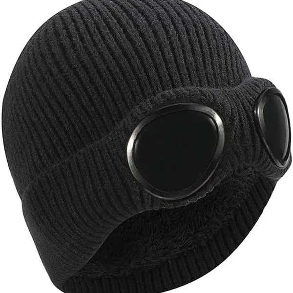 Unisex Thermal Insulating Knit Beanie Hat - Adjustable Stretchy Fleece Lined, Bold Skull Motif Goggles, Plain Knit Design, One Size Accessories for Hiking Winter Outdoor Sports