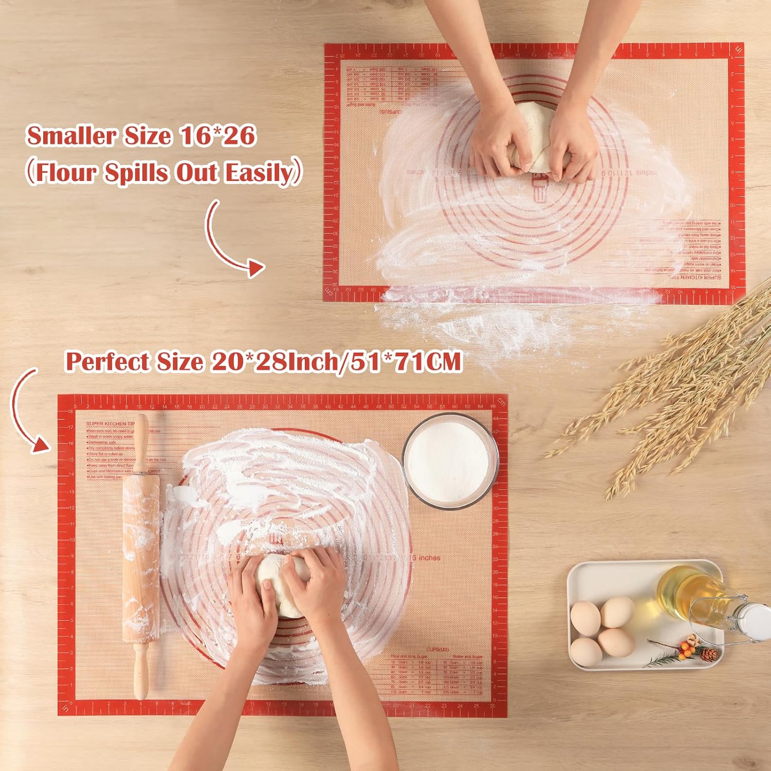 Extra-Large Non-Slip Silicone Pastry Mat – 28”×20” Baking Mat with Measurements for Dough Rolling, Fondant, Pie Crust & Oven Liner, Heat-Resistant Kitchen Prep Surface, Red
