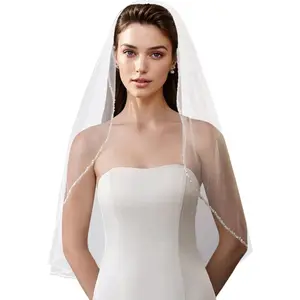 Wedding Veil Pearls and Crystals Beaded Edge 1 Tier Fingertip Length Bridal Veil