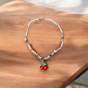 Red Cherries White Beaded Necklace