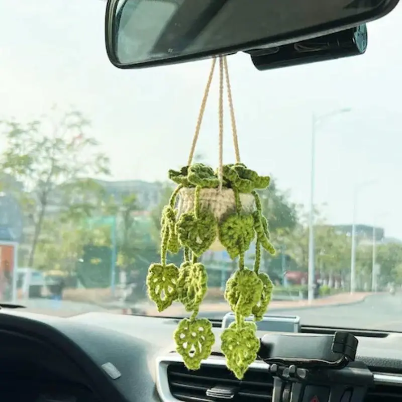 Car Rearview Mirror Hanging Ornament, Handmade Crochet Plant Design Hanging Decoration, Car Decoration Accessories for Women & Men
