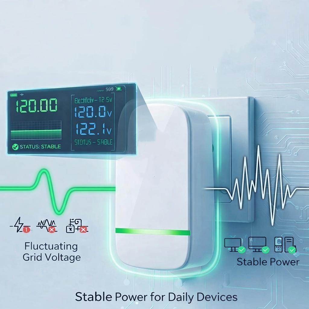 Smart plug, voltage optimization, surge protection, temperature-controlled socket, home/office, compact, plug and play.