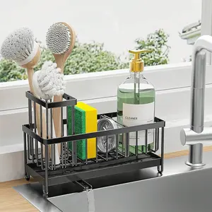 Stainless Rust-Proof Steel Adjustable Kitchen Sink Caddy Rack, Home Organizing Accessory with Sponge and Brush Holders, Home Supplies Storage Organizer