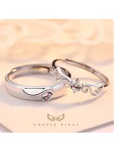 2Pcs Angel Wing Matching Couple Rings Set Adjustable Silver Promise Rings for Lovers Jewelry Gift for Anniversary Birthday Valentine's Day Wedding Ring Set