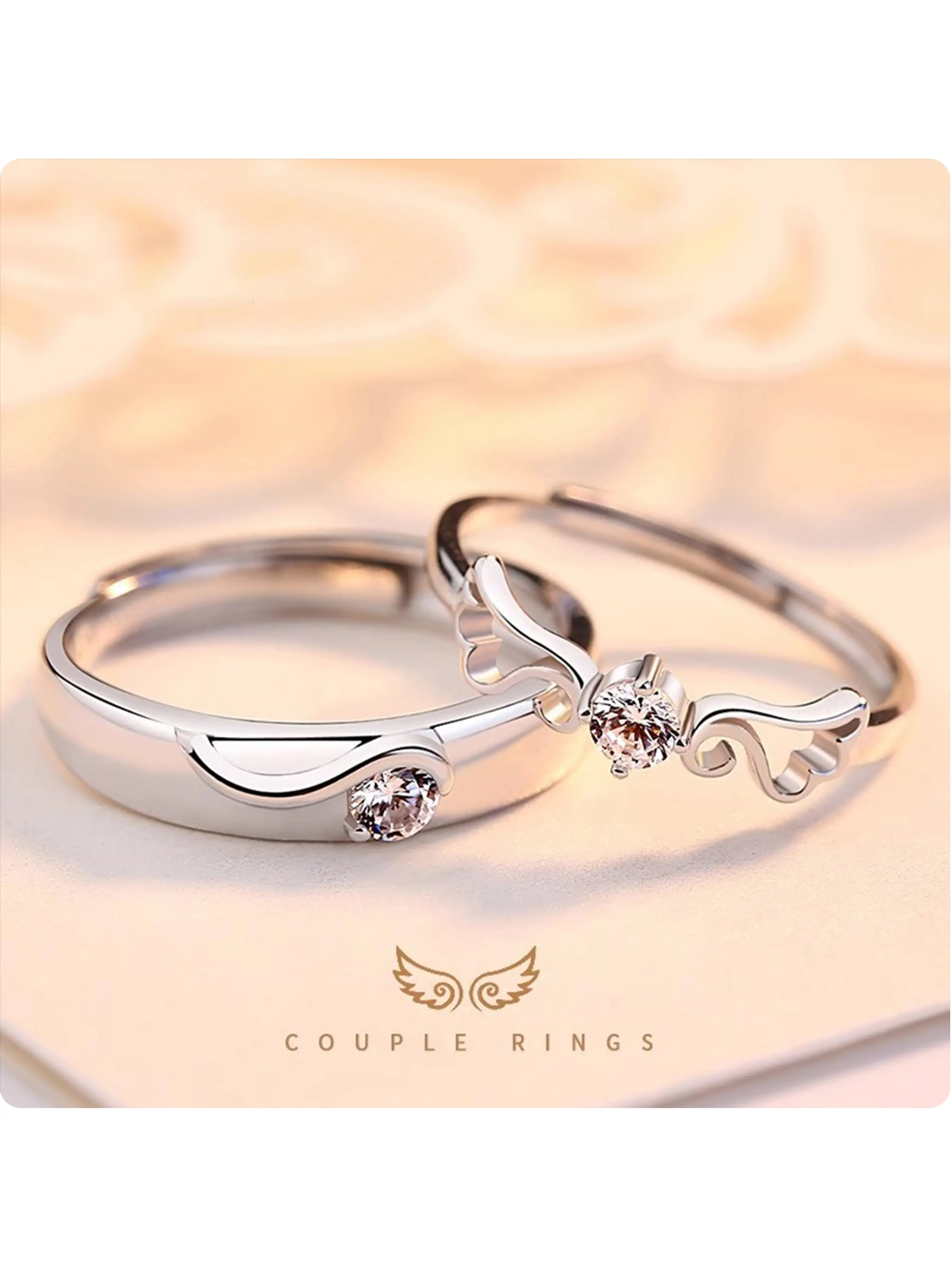 2Pcs Angel Wing Matching Couple Rings Set Adjustable Silver Promise Rings for Lovers Jewelry Gift for Anniversary Birthday Valentine's Day Wedding Ring Set