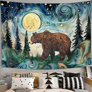 Bear Tapestry Wild Animal Aesthetic Tapestries Starry Night Forest Hanging Wall Art Decor Home Decoration for Bedroom Living Room Dorm