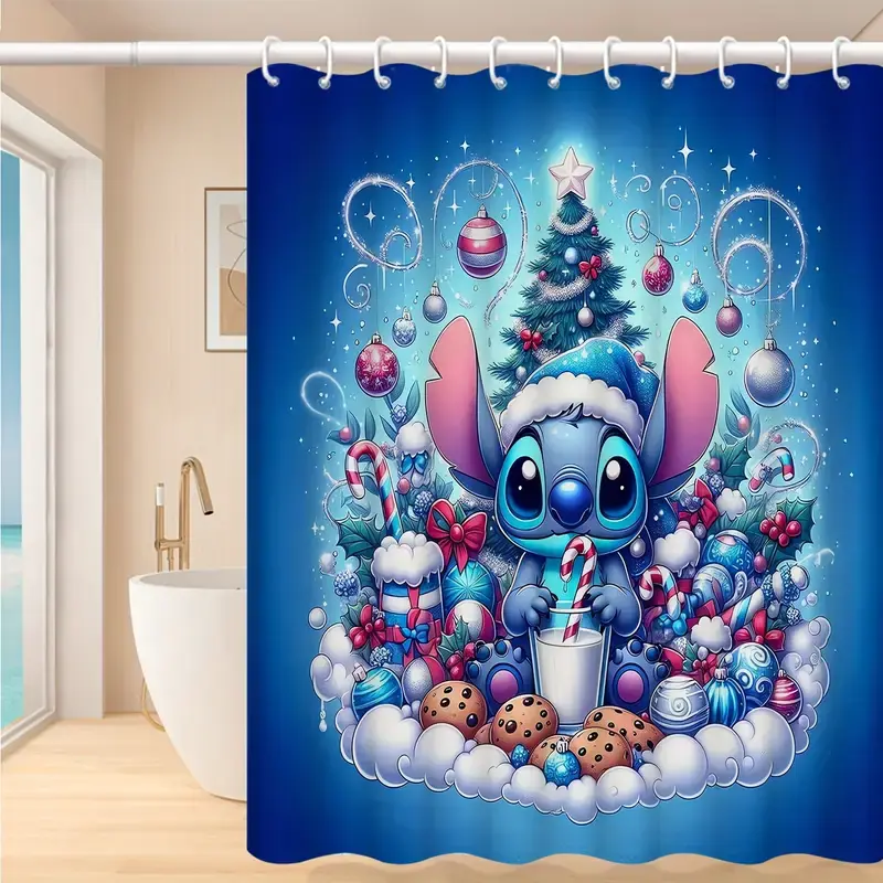 Disney Classic Christmas Stitch Waterproof Shower Curtain, Adorable Character Surrounded by Festive Decorations, 12 C-Hooks for Simple-Fast Setup, Adds Festive Fun to Home Bathrooms, Shower Curtain Sets, Bathroom Decoration Accessories